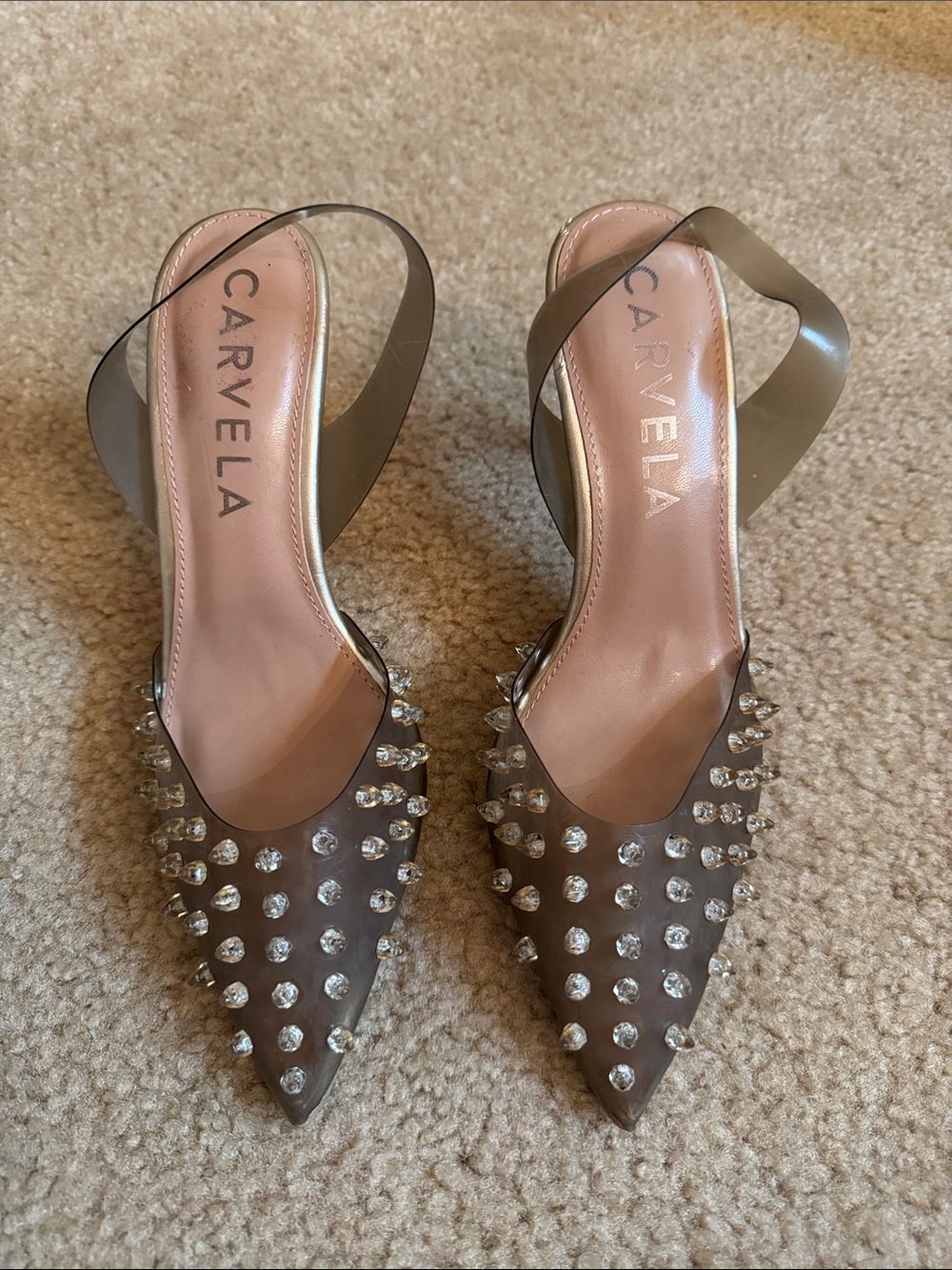 Taupe Pointed Slingback Heels with Stud Embellishments - Size 7